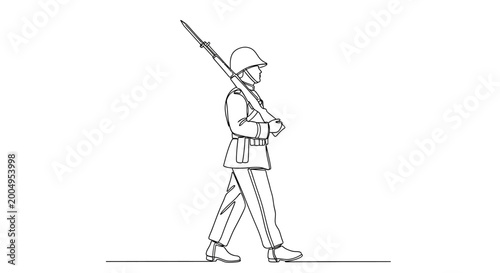 Tableau sur toile Soldier marching with rifle on shoulder, military parade, historical illustratio