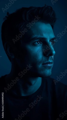 young man portrait in moody blue lighting with cinematic shadows and side profile