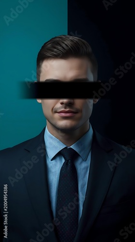 professional businessman with abstract face blur in teal lighting corporate portrait
