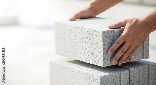 Close-up of worker hands lifting a lightweight autoclaved aerated concrete block