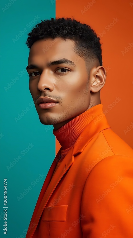 Obraz premium young confident man in orange turtleneck against teal background professional portrait