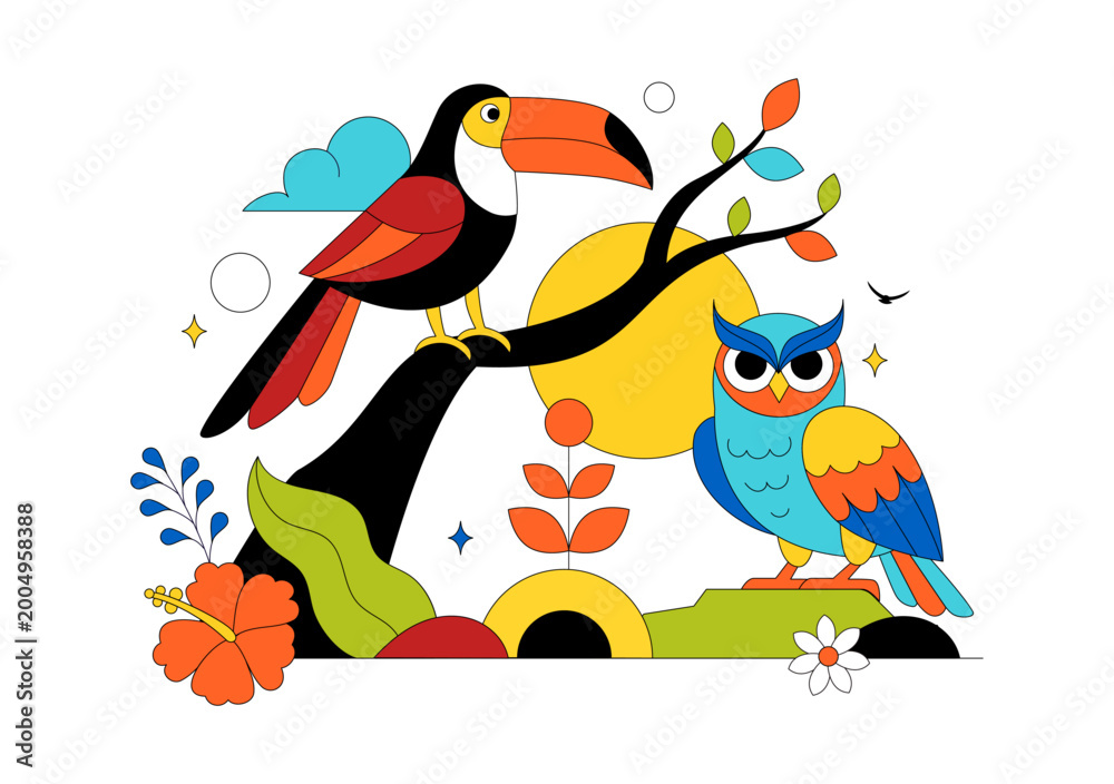 Fototapeta premium Colorful Tropical Bird Vector Illustration Featuring Exotic Wildlife Perched on Branches in a Natural Scene with Flat Design Style