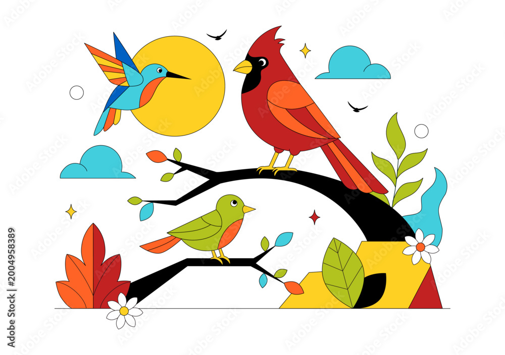 Fototapeta premium Colorful Tropical Bird Vector Illustration Featuring Exotic Wildlife Perched on Branches in a Natural Scene with Flat Design Style