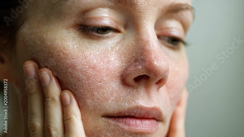 Close-up of a woman examining her skin texture with concern, focusing on dryness and skin care routine at home