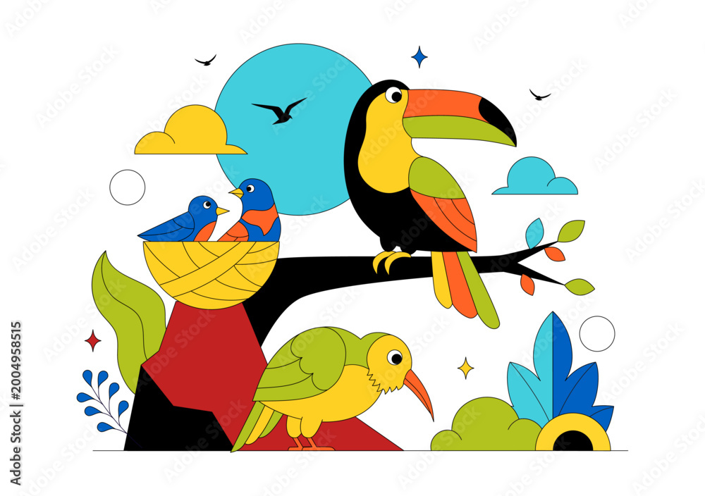 Obraz premium Colorful Tropical Bird Vector Illustration Featuring Exotic Wildlife Perched on Branches in a Natural Scene with Flat Design Style