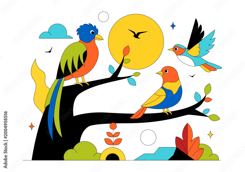 Fototapeta premium Colorful Tropical Bird Vector Illustration Featuring Exotic Wildlife Perched on Branches in a Natural Scene with Flat Design Style