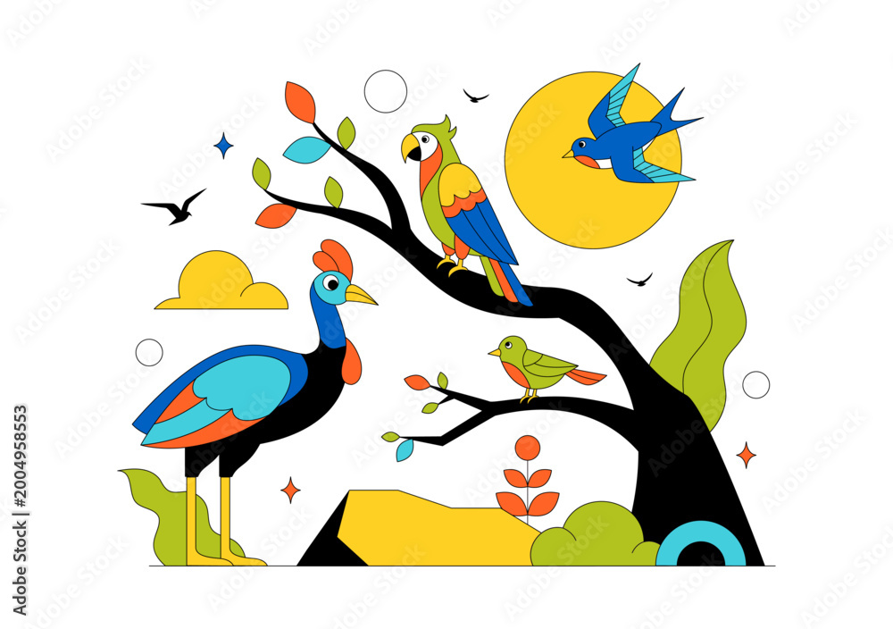Fototapeta premium Colorful Tropical Bird Vector Illustration Featuring Exotic Wildlife Perched on Branches in a Natural Scene with Flat Design Style