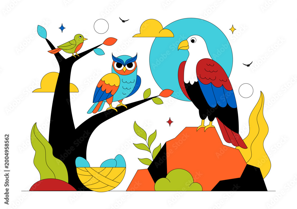 Fototapeta premium Colorful Tropical Bird Vector Illustration Featuring Exotic Wildlife Perched on Branches in a Natural Scene with Flat Design Style