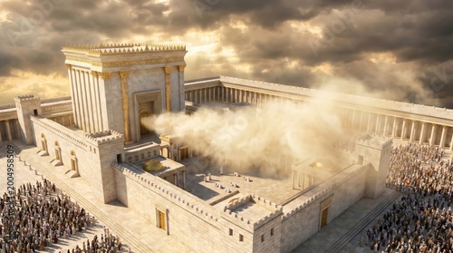 Ancient Temple with Smoke Rising Under a Dramatic Sky.