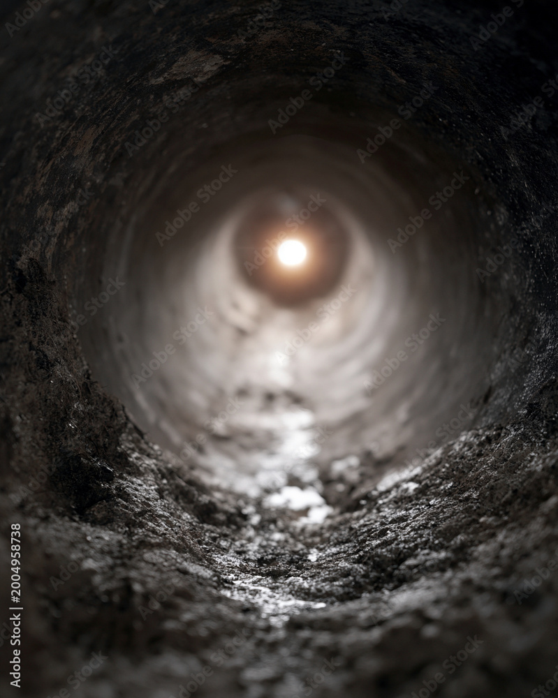 Fototapeta premium Dark tunnel leads to bright light at the end. Wet, gritty walls show signs of use and age. Light casts a warm glow against damp surfaces. This image evokes mystery and journey through confined spaces