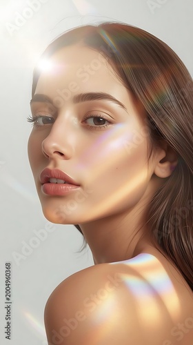 close-up portrait of woman with rainbow light streaks on face and glossy skin