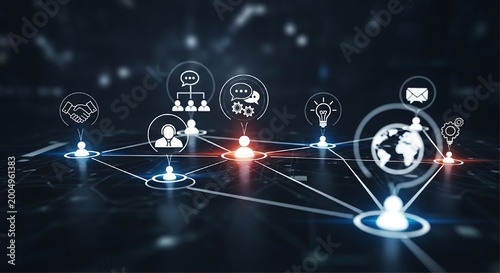 A digital network of white line-art icons including people and globes are connected by lines over a dark background with blue and orange spots.