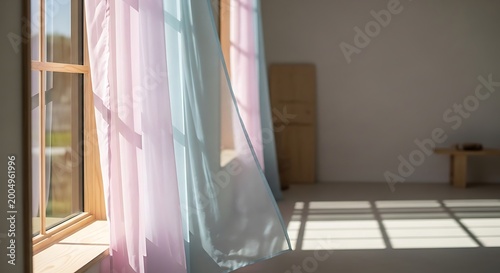 Sunlight Streaming Through Breezy Pastel Curtains in a Bright Minimalist Room
