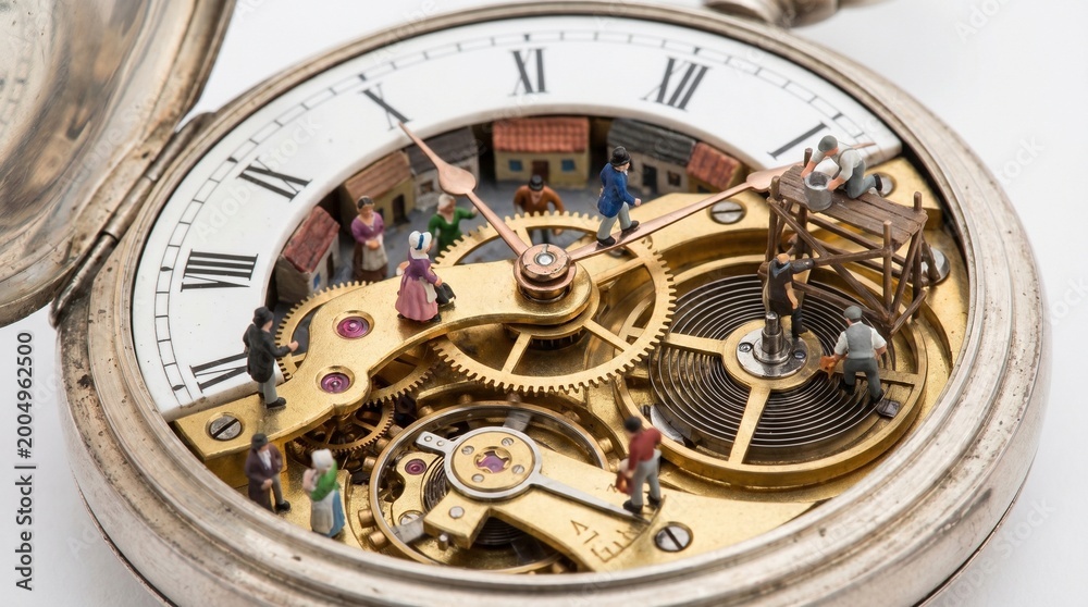 Obraz premium A miniature world inside a complex mechanical wristwatch, tiny people living among gears