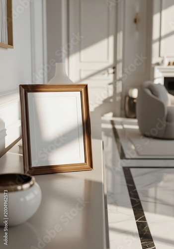 Vertical Wooden Picture Frame Mockup in Elegant Sunlit Modern Interior
