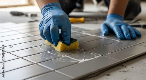 Worker cleaning grey floor tiles with sponge after grouting process