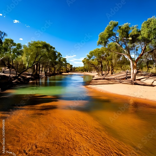 Australian outback river flowing through sandy terrain
