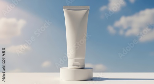 Blank cosmetic tube mockup on a white pedestal against a blue sky background