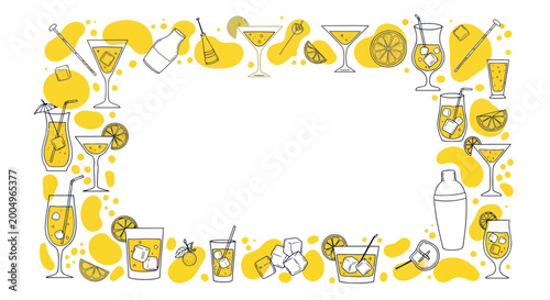 Summer Cocktail Border Frame - Refreshing Drinks and Citrus Fruits, Hand-Drawn Style