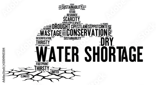 Fotografie Water Shortage Word Cloud Faucet Drought Conservation Dry Climate Footprint