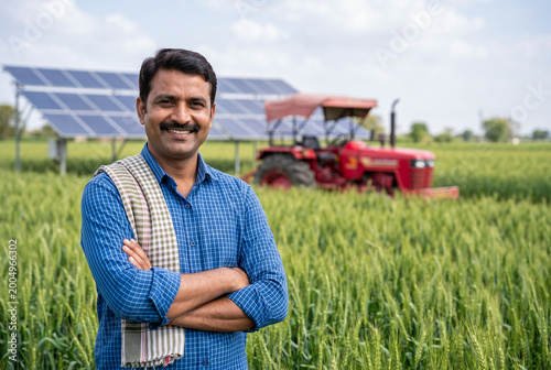 Confident Indian farmer standing in wheat field with tractor and solar panels, sustainable agriculture and modern farming concept