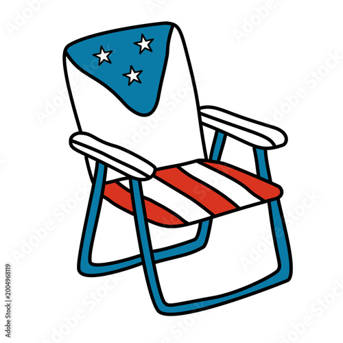Foldable beach chair featuring patriotic stars and red striped seat