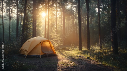 Camping image featuring serene woodland shelter in golden autumn light image
