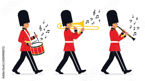 Military Marching Band Musicians in Ceremonial Red Uniforms Playing Drum Trombone and Clarinet