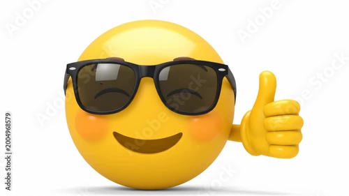 Cool 3D yellow emoji with sunglasses winking and showing thumbs up sign on isolated white background