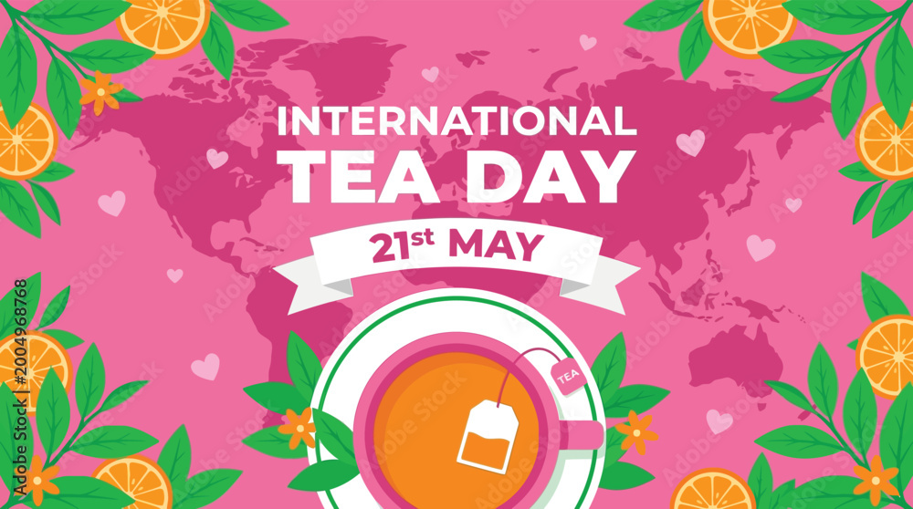 Fototapeta premium International Tea Day Celebration Vector Illustration with Cup of Tea World Map and Orange Slices