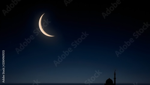Crescent Moon Glowing in the Night Sky with Mosque