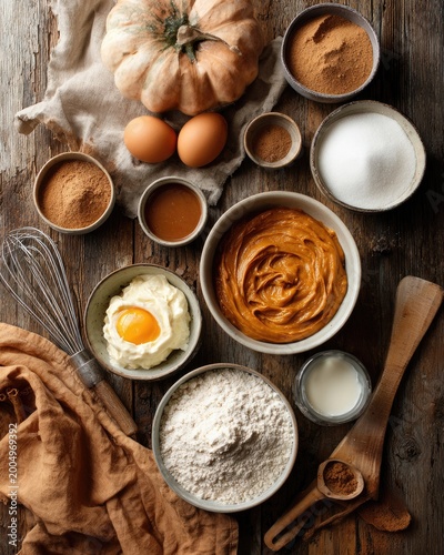 Overhead shot of ingredients for baking a pumpkin pie. Rustic wood table with bowls