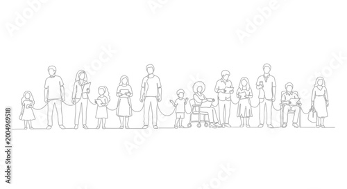 Valokuva Diverse people line drawing, connected by red thread, symbolizing unity, communi