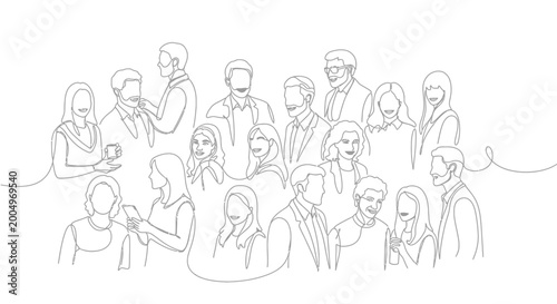 Fotografi Diverse group of people, line art illustration, community, connection, business,