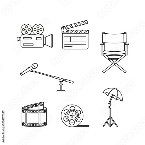 Film production equipment icons set in black and white outline style