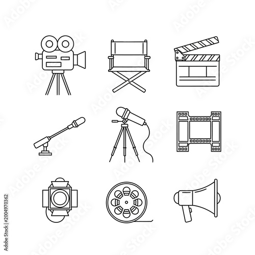 Film production equipment icons set in line art style