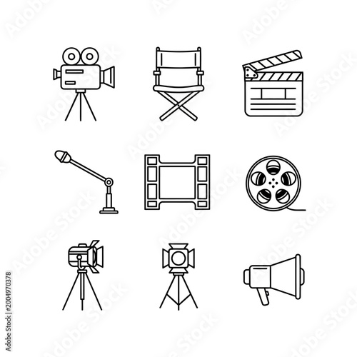 Film production equipment icons set on white background