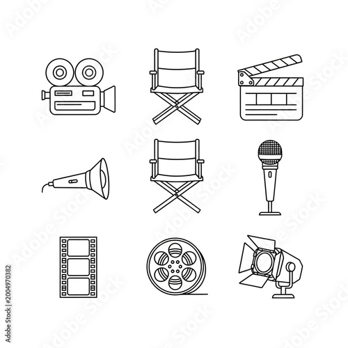 Film production icons movie camera directors chair clapboard and more