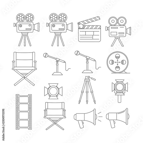 Film production equipment icons set in line art style on white
