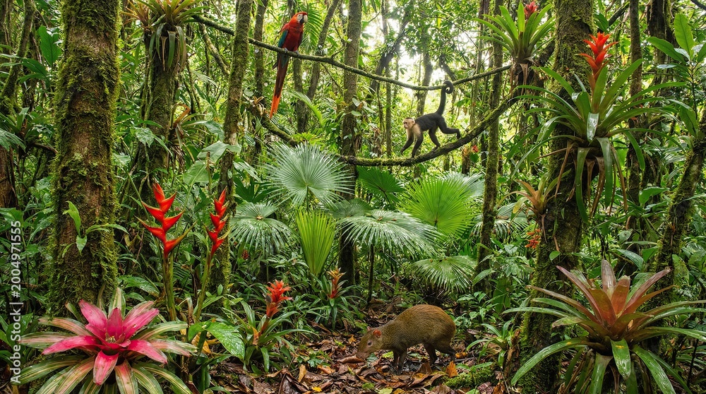 Fototapeta premium Lush Forest with Exotic Flora and Fauna