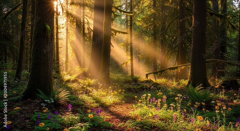 Obraz premium Sunlight Beams Through Dense Forest Trees and Ferns.