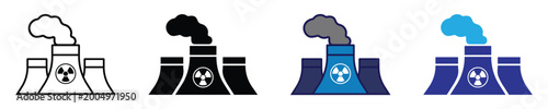 Schilderij op canvas Nuclear power plant vector icon set with reactor buildings, radiation symbol, nuclear energy icons and atomic power industry elements