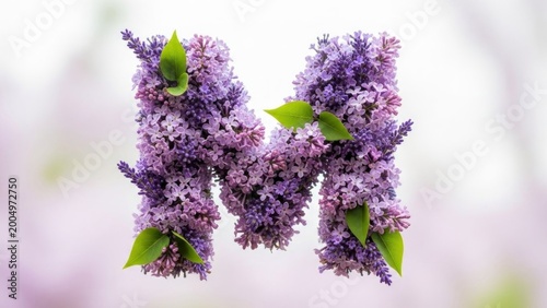 A purple floral arrangement in the shape of the letter M with green leaves on a blurred white and purple background