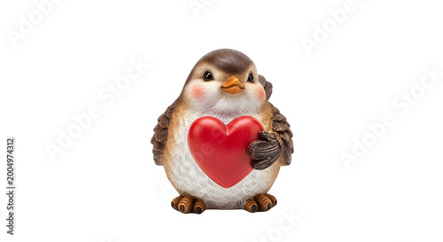 A cute bird holding a red heart on a transparent background