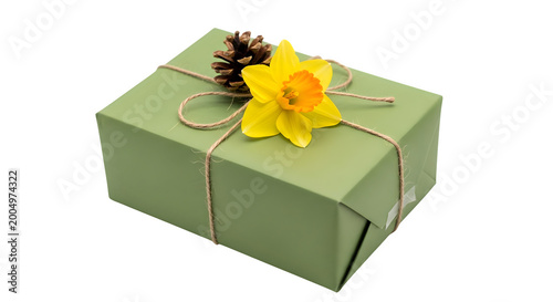 A green gift box with a yellow flower and pinecone on top sits on a transparent background