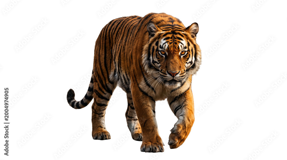 Obraz premium A majestic Bengal tiger with striking orange fur and black stripes stands isolated on a white background as a powerful feline predator from the wild