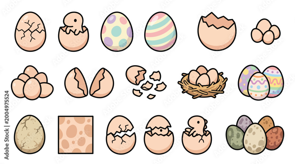 Fototapeta premium A collection of various dinosaur eggs, some cracked, some hatching, and some with baby dinosaurs emerging, presented in a cartoonish style.