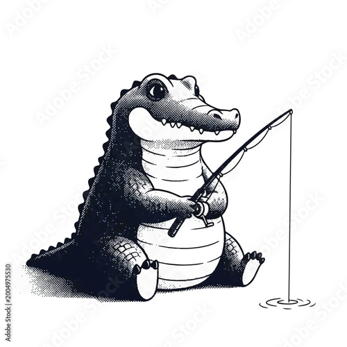Cartoon alligator holding fishing rod sitting.