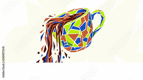 Geometric polygonal coffee cup spilling brown liquid with colorful abstract design and fragmented shapes on a light background.