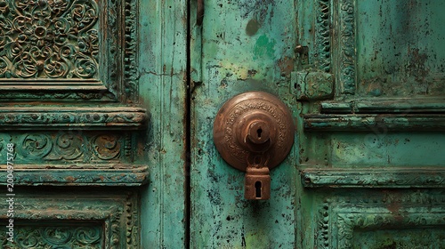 Vintage turquoise wooden door with ornate antique metal handle.